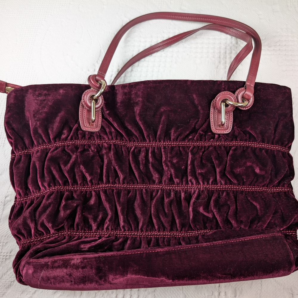Tumi Velvet Tote Bag in Deep Burgundy with Brown Leather and Gold Hardware - Picture 4 of 13